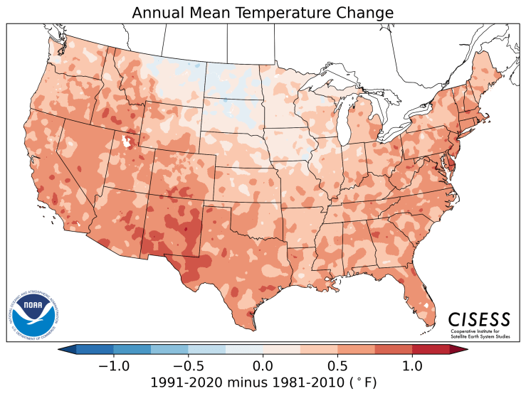 map of USA showing warmer average temperature zones